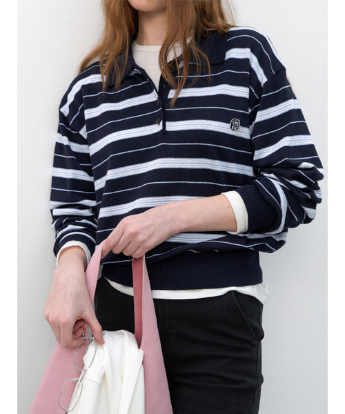 ATELIER NAIN（アトリエナイン）の「MULTI STRIPE LOOSE FIT COLLAR KNIT (T-7179)（ニット/セーター・レディース・ダークネイビー/ホワイト・FREE）」の4枚目の写真