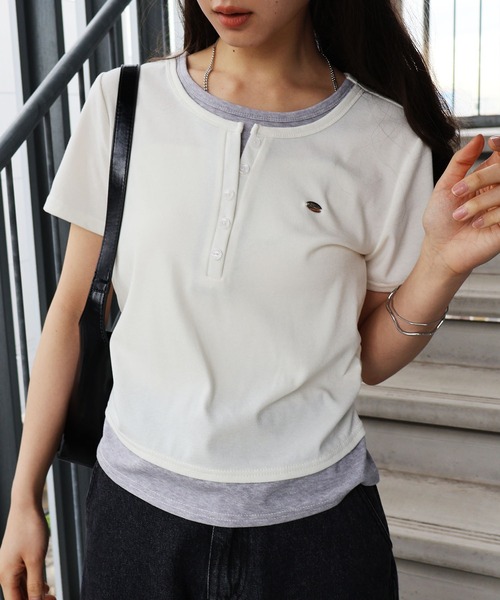 SpRay(スプレイ)の「配色ヘンリーフェイクレイヤードトップス(Tシャツ/カットソー・レディース・ブラック/グレー/サックスブルー/ピンク/イエロー/アイボリー・FREE)」の20枚目の写真