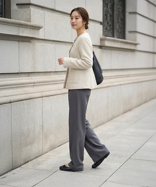STYLE DELI（スタイルデリ）の「糸とばし柄織りノーカラージャケット（ノーカラージャケット・レディース・ライトベージュ/ブラック・FREE）」の6枚目の写真