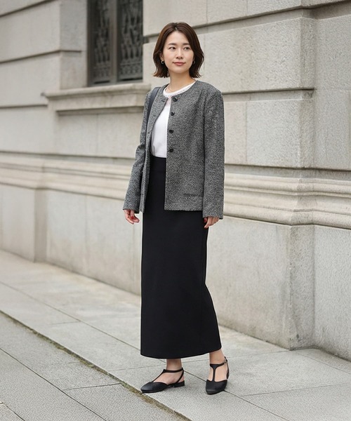 STYLE DELI（スタイルデリ）の「糸とばし柄織りノーカラージャケット（ノーカラージャケット・レディース・ライトベージュ/ブラック・FREE）」の7枚目の写真