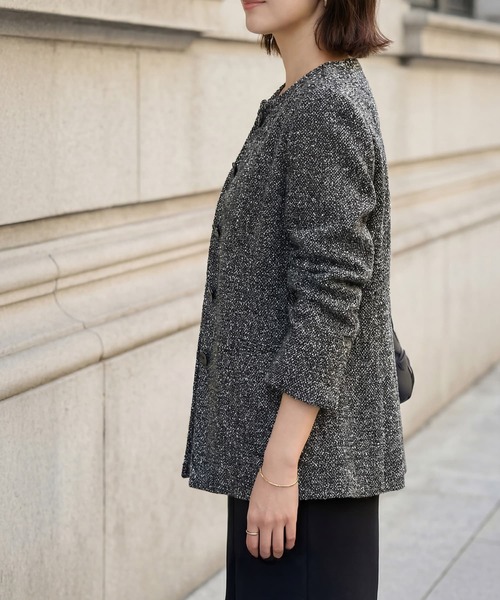 STYLE DELI（スタイルデリ）の「糸とばし柄織りノーカラージャケット（ノーカラージャケット・レディース・ライトベージュ/ブラック・FREE）」の10枚目の写真