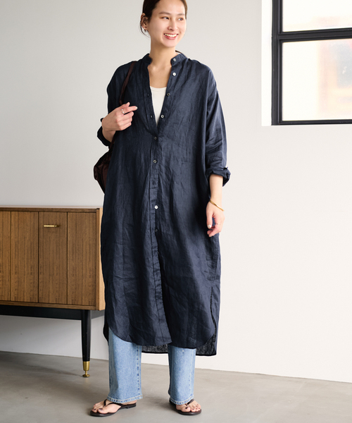 FRAMeWORK（フレームワーク）の「≪一部カラーWEB限定 / 追加≫フレンチリネンシャツワンピース（ワンピース・レディース・ブラック/カーキ/グリーン/レッド/ネイビー・FREE）」の4枚目の写真