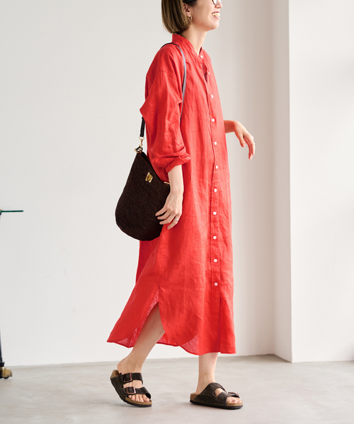 FRAMeWORK（フレームワーク）の「≪一部カラーWEB限定 / 追加≫フレンチリネンシャツワンピース（ワンピース・レディース・ブラック/カーキ/グリーン/レッド/ネイビー・FREE）」の6枚目の写真