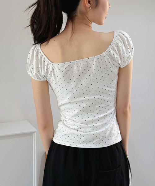 Jewelobe(ジュエローブ)の「ドット×レースパフスリーブトップス(Tシャツ/カットソー・レディース・グレー/オフホワイト/ブラック・FREE)」の8枚目の写真