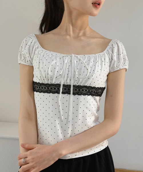 Jewelobe(ジュエローブ)の「ドット×レースパフスリーブトップス(Tシャツ/カットソー・レディース・グレー/オフホワイト/ブラック・FREE)」の9枚目の写真