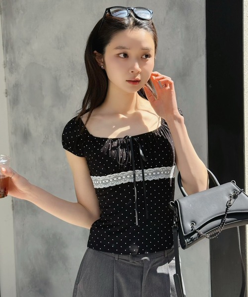 Jewelobe(ジュエローブ)の「ドット×レースパフスリーブトップス(Tシャツ/カットソー・レディース・グレー/オフホワイト/ブラック・FREE)」の13枚目の写真