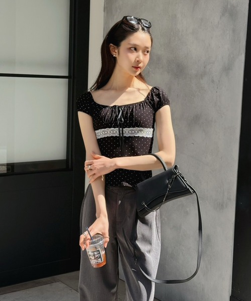 Jewelobe(ジュエローブ)の「ドット×レースパフスリーブトップス(Tシャツ/カットソー・レディース・グレー/オフホワイト/ブラック・FREE)」の15枚目の写真