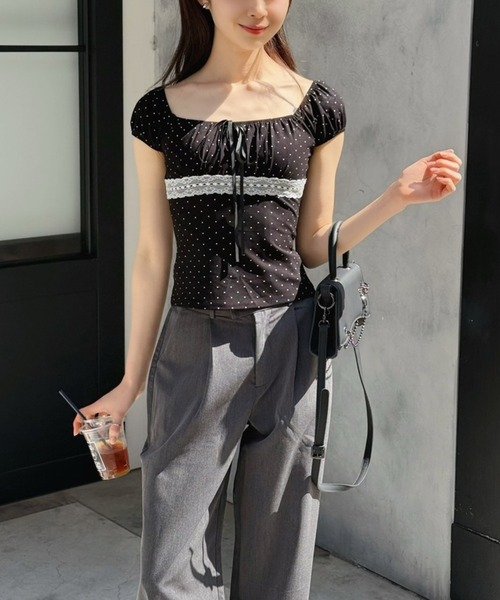 Jewelobe(ジュエローブ)の「ドット×レースパフスリーブトップス(Tシャツ/カットソー・レディース・グレー/オフホワイト/ブラック・FREE)」の17枚目の写真