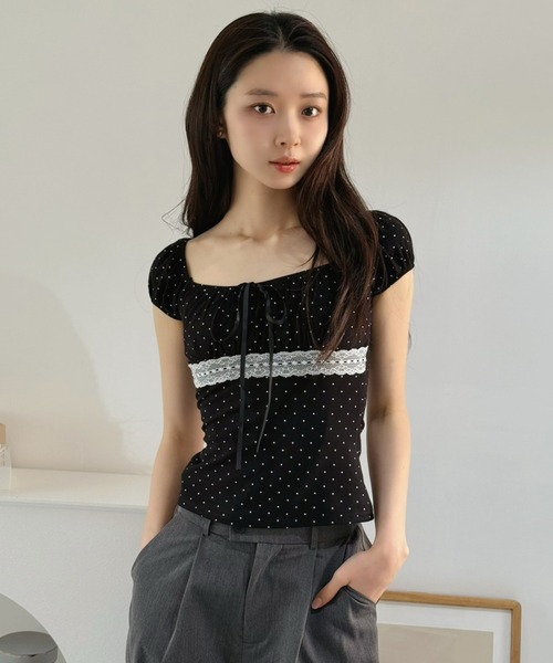 Jewelobe(ジュエローブ)の「ドット×レースパフスリーブトップス(Tシャツ/カットソー・レディース・グレー/オフホワイト/ブラック・FREE)」の18枚目の写真