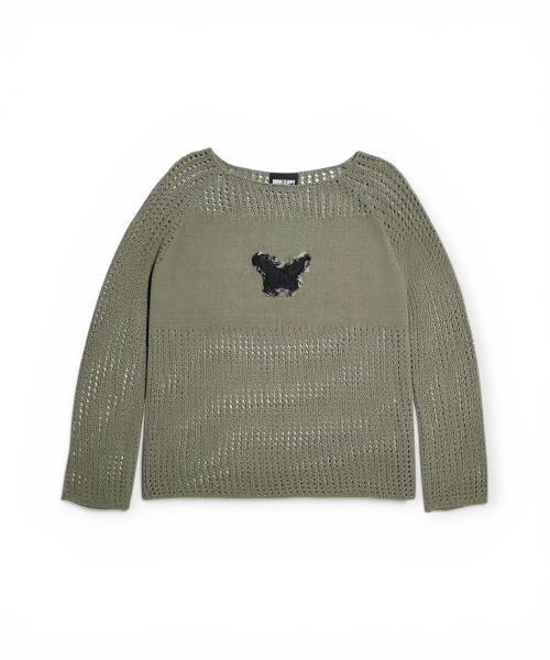 BORN SLIPPY(ボーンスリッピー)の「Butterfly Sheer Open Knit Top (Khaki)(ニット/セーター・レディース・その他・FREE)」の1枚目の写真