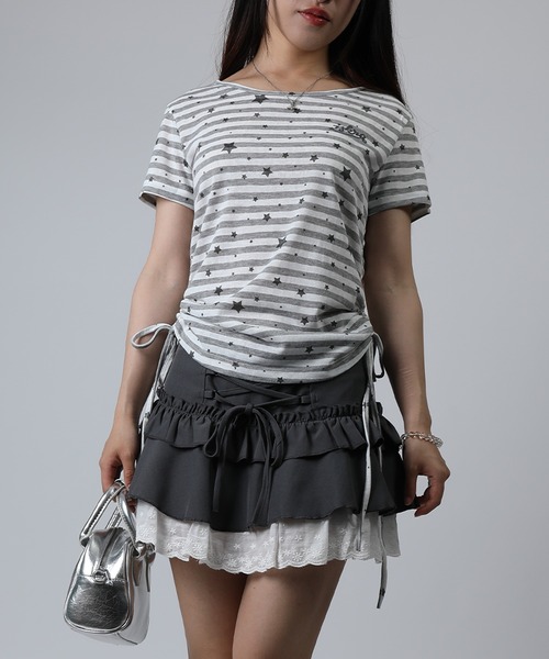 HOOK(フック)の「HOOK for girls 星柄 サイドギャザーリボン 半袖Tシャツ (SS)(Tシャツ/カットソー・レディース・グレー/グリーン・FREE)」の1枚目の写真