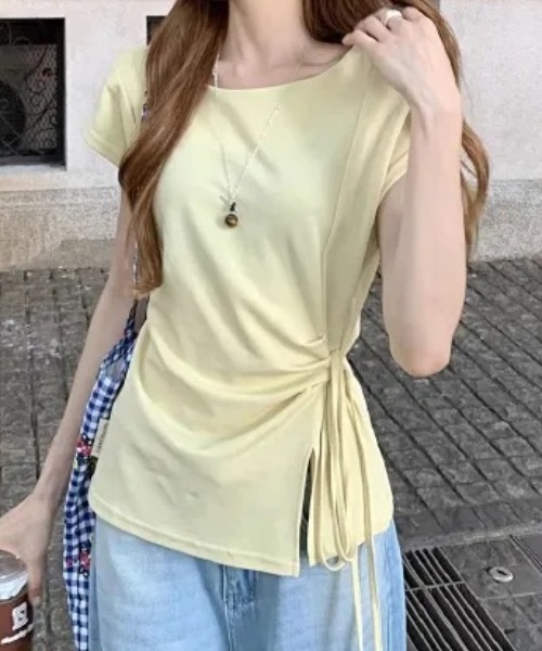Teem Store(チームストア)の「ドロストデザイン フィットTシャツ(Tシャツ/カットソー・レディース・イエロー/アイボリー・F)」の3枚目の写真
