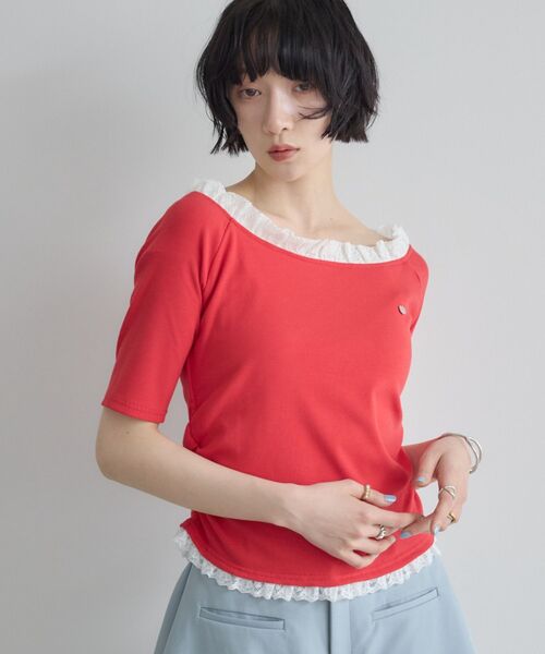 kivi(キヴィ)の「裾レースリブトップス(Tシャツ/カットソー・レディース・ライトグレー/レッド/ブラック・FREE)」の3枚目の写真