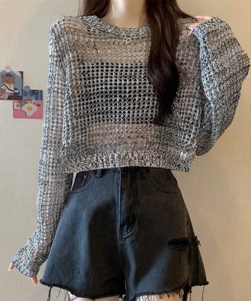Miniministore(ミニミニストア)の「透かし編み メッシュニット重ね着春夏新作(ニット/セーター・レディース・ホワイト/グレー/ブラック・FREE)」の3枚目の写真