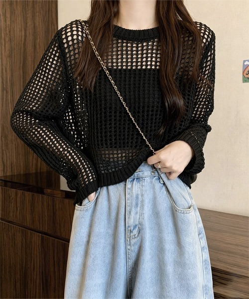 Miniministore(ミニミニストア)の「透かし編み メッシュニット重ね着春夏新作(ニット/セーター・レディース・ホワイト/グレー/ブラック・FREE)」の1枚目の写真