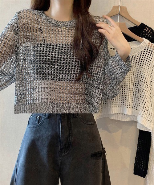 Miniministore(ミニミニストア)の「透かし編み メッシュニット重ね着春夏新作(ニット/セーター・レディース・ホワイト/グレー/ブラック・FREE)」の4枚目の写真