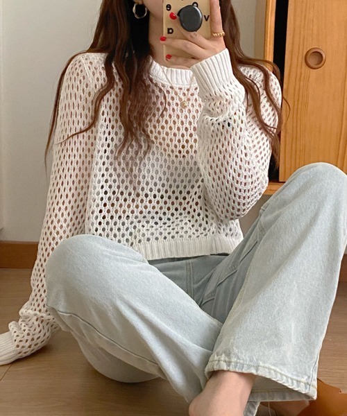Miniministore(ミニミニストア)の「透かし編み メッシュニット重ね着春夏新作(ニット/セーター・レディース・ホワイト/グレー/ブラック・FREE)」の11枚目の写真