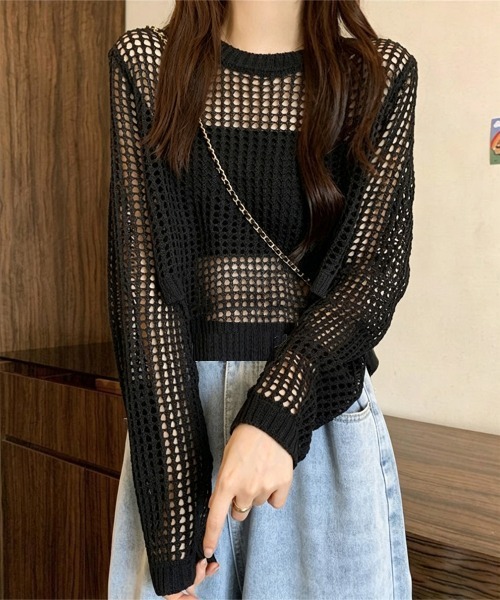 Miniministore(ミニミニストア)の「透かし編み メッシュニット重ね着春夏新作(ニット/セーター・レディース・ホワイト/グレー/ブラック・FREE)」の14枚目の写真