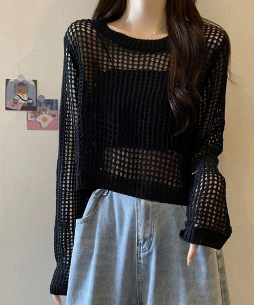 Miniministore(ミニミニストア)の「透かし編み メッシュニット重ね着春夏新作(ニット/セーター・レディース・ホワイト/グレー/ブラック・FREE)」の15枚目の写真
