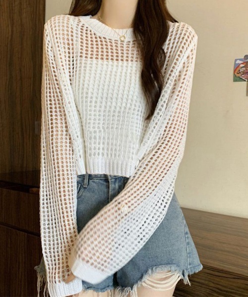 Miniministore(ミニミニストア)の「透かし編み メッシュニット重ね着春夏新作(ニット/セーター・レディース・ホワイト/グレー/ブラック・FREE)」の21枚目の写真