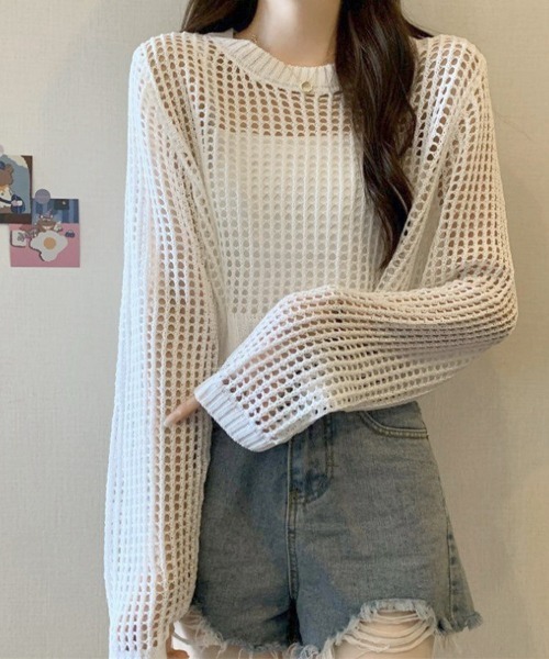 Miniministore(ミニミニストア)の「透かし編み メッシュニット重ね着春夏新作(ニット/セーター・レディース・ホワイト/グレー/ブラック・FREE)」の22枚目の写真