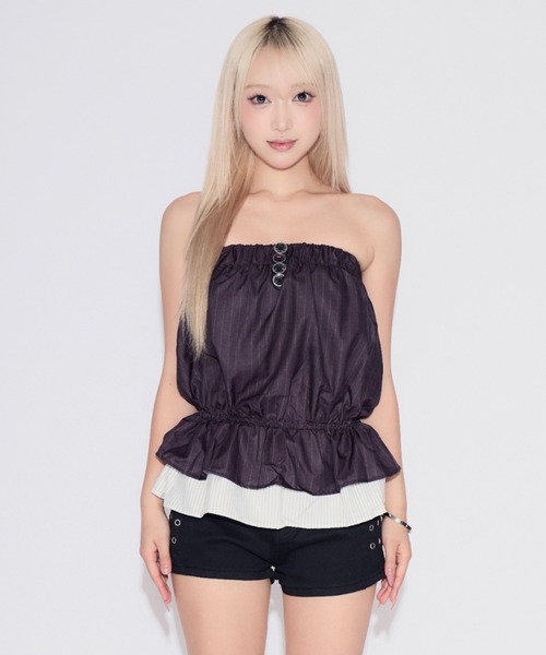 tinkerend(ティンカーエンド)の「Pinstripe Frill Peplum Bustier / ピンストライプフリルペプラムビスチェ(チューブトップ・レディース・ダークグレー・FREE)」の2枚目の写真