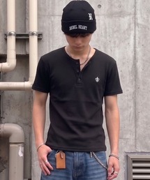 短丈ヘンリーネックサーマル半袖Tシャツ/ワンポイントロゴ刺繍