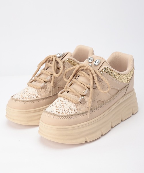 Lace Ladies（レースレディース）の「グリッター レース ビジュー付き 厚底 スニーカー（スニーカー・レディース・ベージュ/ホワイト・25cm/24.5cm/24cm/23.5cm/23cm/22.5cm）」の19枚目の写真