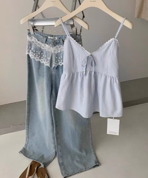 LADY LIKE（レディライク）の「【春夏新作／3色展開】ギンガムチェックリボンキャミトップス（キャミソール・レディース・ベージュ/ブルー/グリーン・M）」の8枚目の写真
