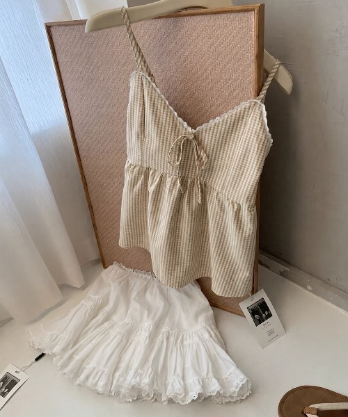 LADY LIKE（レディライク）の「【春夏新作／3色展開】ギンガムチェックリボンキャミトップス（キャミソール・レディース・ベージュ/ブルー/グリーン・M）」の9枚目の写真