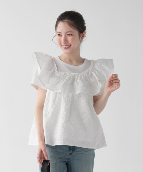 Fit more(フィットモア)の「ローズジャガードレイヤードTシャツ(Tシャツ/カットソー・レディース・ピンク/ホワイト/ブルー・FREE)」の2枚目の写真