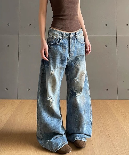 AsRiRe（アスリレイ）の「ヴィンテージウォッシュワイドデニムパンツ（デニムパンツ・レディース・ブルー・S/M/L）」の2枚目の写真