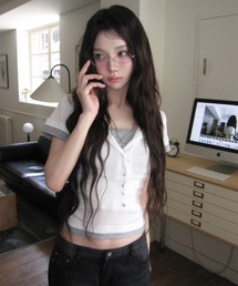フェイクレイヤードカラーブロックヘンリーネック半袖Tシャツ