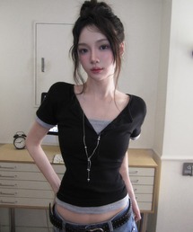 フェイクレイヤードカラーブロックヘンリーネック半袖Tシャツ