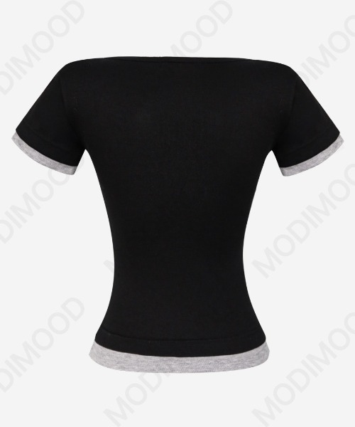modimood(モディムード)の「フェイクレイヤードカラーブロックヘンリーネック半袖Tシャツ(Tシャツ/カットソー・レディース・アイボリー/ブラック・FREE)」の3枚目の写真