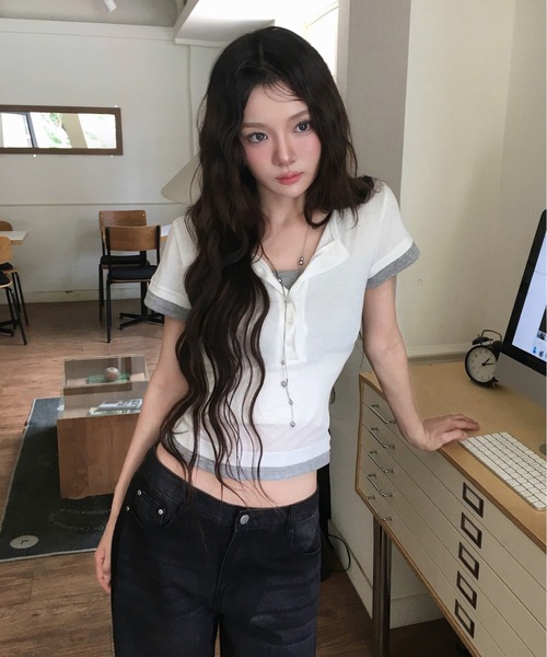 modimood(モディムード)の「フェイクレイヤードカラーブロックヘンリーネック半袖Tシャツ(Tシャツ/カットソー・レディース・アイボリー/ブラック・FREE)」の22枚目の写真