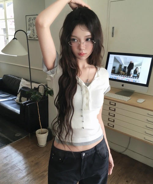 modimood(モディムード)の「フェイクレイヤードカラーブロックヘンリーネック半袖Tシャツ(Tシャツ/カットソー・レディース・アイボリー/ブラック・FREE)」の19枚目の写真