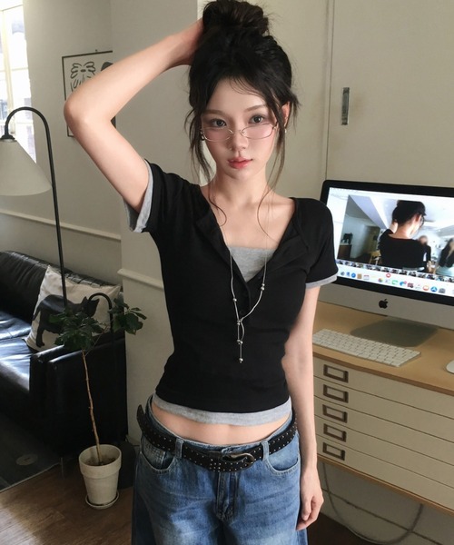 modimood(モディムード)の「フェイクレイヤードカラーブロックヘンリーネック半袖Tシャツ(Tシャツ/カットソー・レディース・アイボリー/ブラック・FREE)」の15枚目の写真