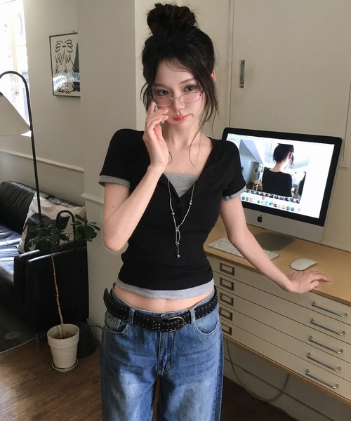 modimood(モディムード)の「フェイクレイヤードカラーブロックヘンリーネック半袖Tシャツ(Tシャツ/カットソー・レディース・アイボリー/ブラック・FREE)」の14枚目の写真