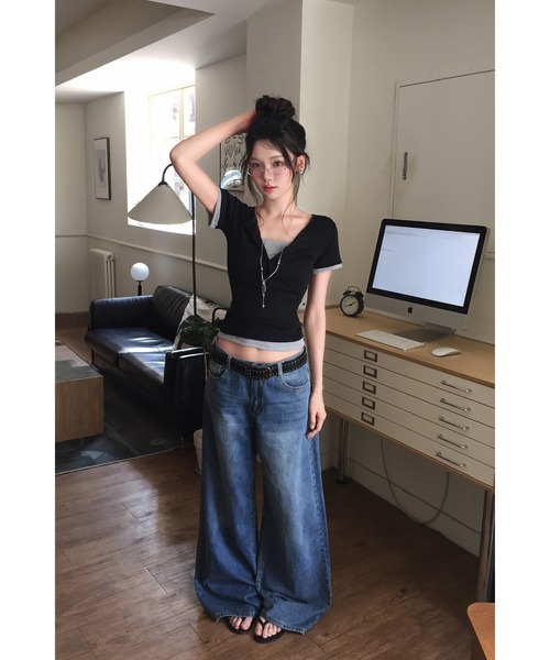 modimood(モディムード)の「フェイクレイヤードカラーブロックヘンリーネック半袖Tシャツ(Tシャツ/カットソー・レディース・アイボリー/ブラック・FREE)」の16枚目の写真