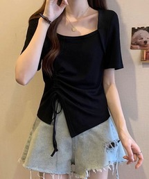 サイドドローストリング アシンメトリー 半袖トップス