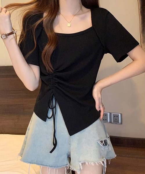 2ly2(トゥーリートゥー)の「サイドドローストリング アシンメトリー 半袖トップス(Tシャツ/カットソー・レディース・ブラック/ピンク/グリーン・FREE)」の12枚目の写真