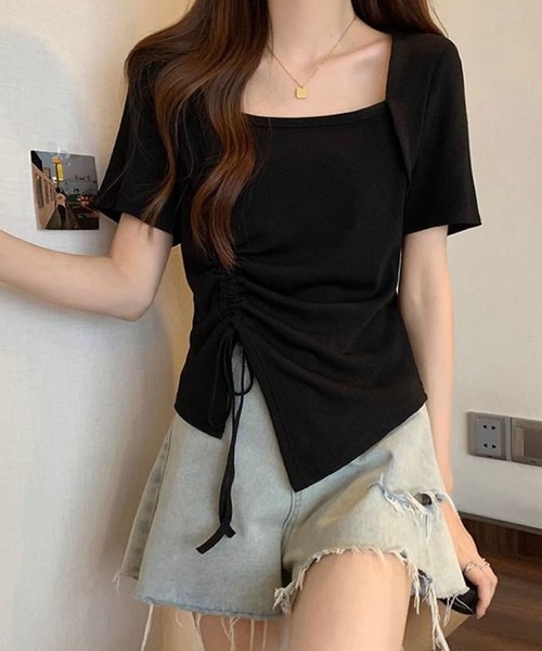 2ly2(トゥーリートゥー)の「サイドドローストリング アシンメトリー 半袖トップス(Tシャツ/カットソー・レディース・ブラック/ピンク/グリーン・FREE)」の13枚目の写真