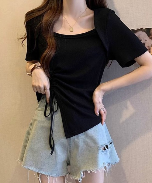 2ly2(トゥーリートゥー)の「サイドドローストリング アシンメトリー 半袖トップス(Tシャツ/カットソー・レディース・ブラック/ピンク/グリーン・FREE)」の7枚目の写真