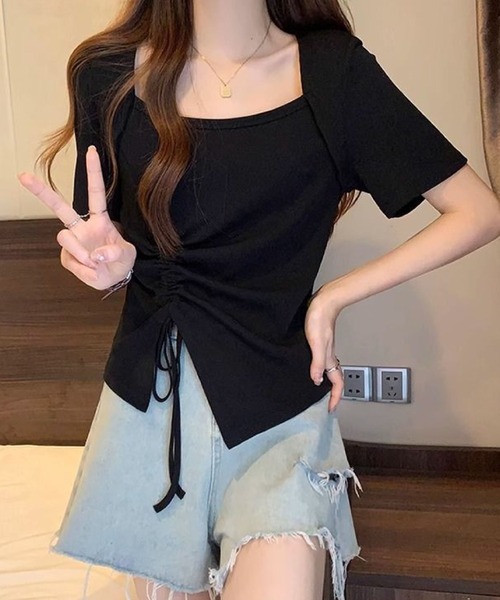 2ly2(トゥーリートゥー)の「サイドドローストリング アシンメトリー 半袖トップス(Tシャツ/カットソー・レディース・ブラック/ピンク/グリーン・FREE)」の10枚目の写真