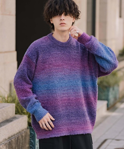 Rocky Monroe(ロッキーモンロー)の「オーバーサイズ ウール混ブークレー段染めグラデーションボーダー柄クルーニットセーター(ニット/セーター・メンズ・マスタード/オレンジ/ブルー/ブラウン/パープル/ナチュラル/レッド/ブラック・M/L)」の5枚目の写真