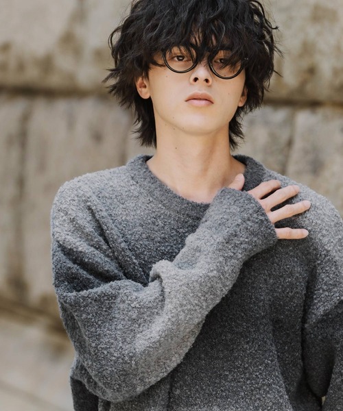 Rocky Monroe(ロッキーモンロー)の「オーバーサイズ ウール混ブークレー段染めグラデーションボーダー柄クルーニットセーター(ニット/セーター・メンズ・マスタード/オレンジ/ブルー/ブラウン/パープル/ナチュラル/レッド/ブラック・M/L)」の15枚目の写真