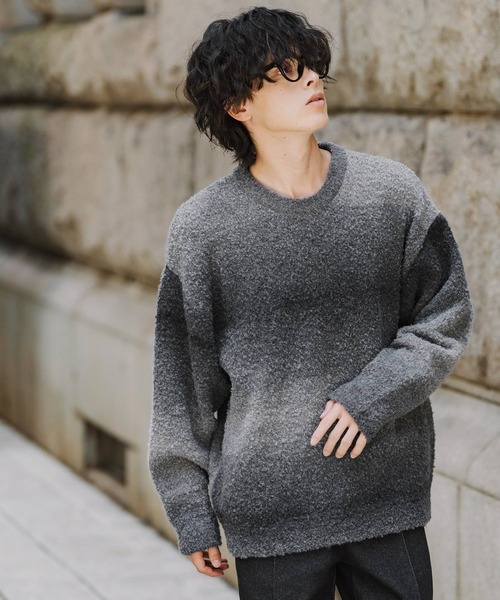 Rocky Monroe(ロッキーモンロー)の「オーバーサイズ ウール混ブークレー段染めグラデーションボーダー柄クルーニットセーター(ニット/セーター・メンズ・マスタード/オレンジ/ブルー/ブラウン/パープル/ナチュラル/レッド/ブラック・M/L)」の16枚目の写真