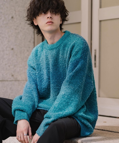 Rocky Monroe(ロッキーモンロー)の「オーバーサイズ ウール混ブークレー段染めグラデーションボーダー柄クルーニットセーター(ニット/セーター・メンズ・マスタード/オレンジ/ブルー/ブラウン/パープル/ナチュラル/レッド/ブラック・M/L)」の18枚目の写真