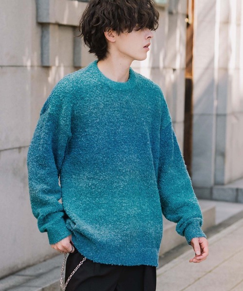 Rocky Monroe(ロッキーモンロー)の「オーバーサイズ ウール混ブークレー段染めグラデーションボーダー柄クルーニットセーター(ニット/セーター・メンズ・マスタード/オレンジ/ブルー/ブラウン/パープル/ナチュラル/レッド/ブラック・M/L)」の19枚目の写真